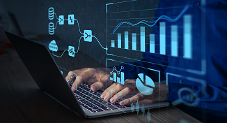 Imagen de  a man using a laptop with digital graphs flowing out of the screen